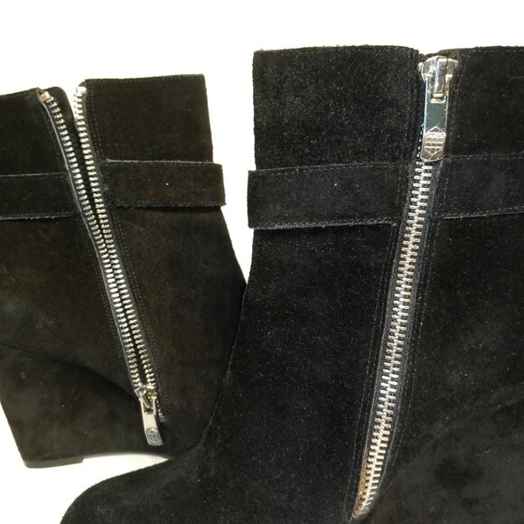 VINCE CAMUTO Booties  sz 6.5  DENA  Black  Suede  Side Zip  Strap/Buckle  Wedge - Picture 5 of 11